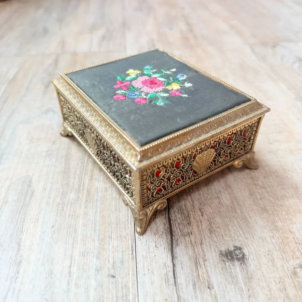 Vintage Jewelry Box Music Brass Floral Embroidered Sankyo Gold Tone Red Velvet